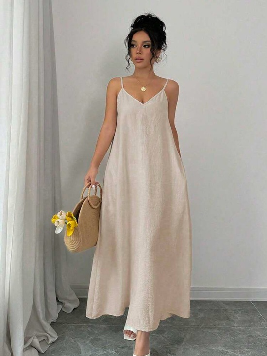 Before You Dresses & Skirts - Before You Linen Blend Sleeveless V-Neck Maxi Dress with Pockets Beige Natural M